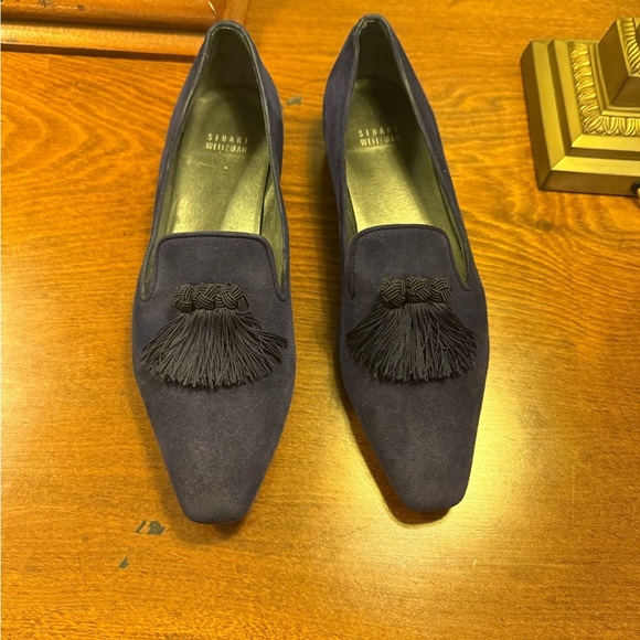 NWOT Stuart Weizmann blue black leather suede tassel loafers Size 9 - Picture 9 of 9